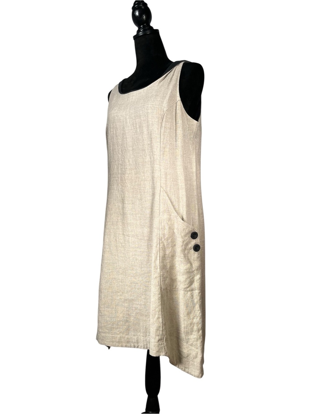 Mindau Linen Shift Dress Sleeveless Side Button Black Asymmetrical Hem Large